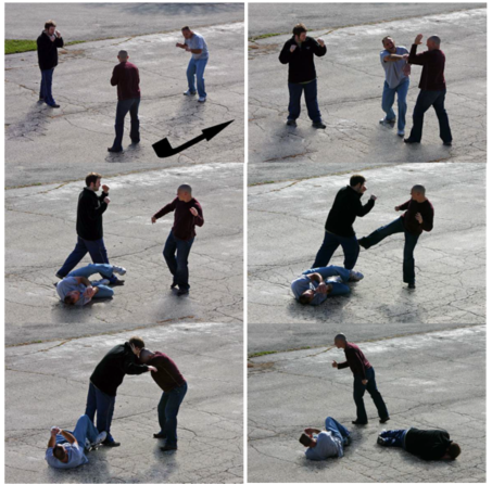 Left to right:  Starting in the upper left picture, the author can’t find an equalizer, so immediately zones and blocks/destroys the first initial punch – making it easier by taking only one person on at a time. In the second set of pictures, he then has time to take on the second attacker one on one, and finishes him off with a groin kick and head butt.