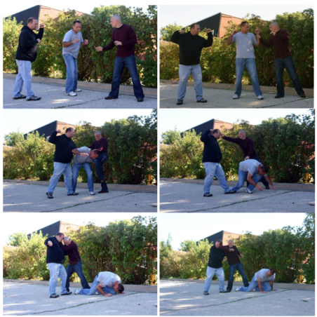 Left to right: Without an equalizer, the author engages the first attacker in the second picture, and throws a knee while putting the first attacker in front of the second. This move gives him space to eye jab the second assailant, and finish him off with some brutal close quarter tools.