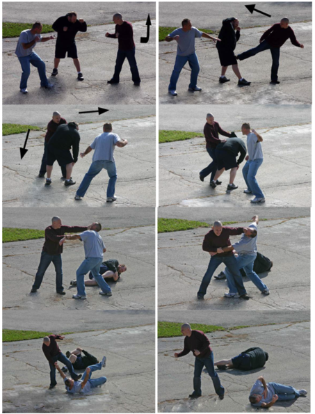 Left to right: By taking the first initial step backwards and to his right, he puts the attackers in a “one on one stack”. After the jeet tec to the knee cap, he continues to use “footwork” with the first attacker as a barrier against the second while continuing to strike him with knees. After the first attacker is down, he follows up with the second with a one on one match up. A parry, straight arm to the face, sweep and mid section stomp takes the second attacker out long enough for Matt Numrich to escape.   